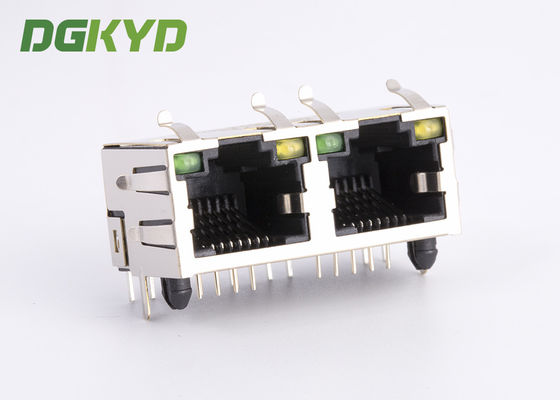 Factory Customized 15.75mm Depth Shield 2 Port RJ45 Ethernet Jack With LEDs