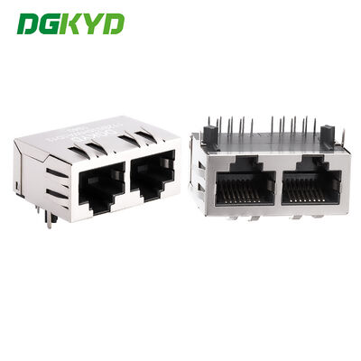 موصل RJ45 مزدوج المنفذ بدون مرشح مدمج، بدون شريط ضوئي، دبوس حماية أمامي 4.57 مم DGKYD112B035HWA1D13