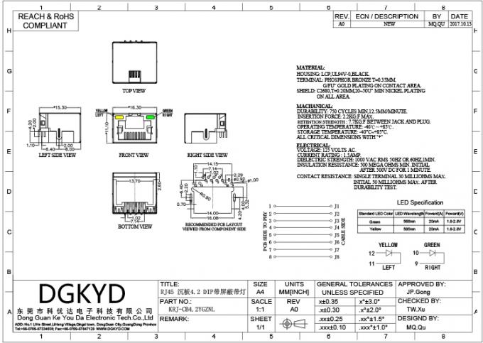 مقبس RJ45 منخفض الارتفاع SMT مغلق معدنيًا KRJ-CB4.2GYZN